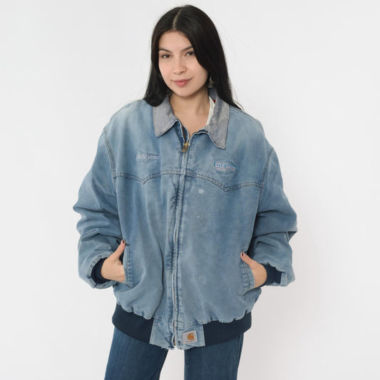 90s Carhartt Bomber Jacket Blue Duck Corduroy Collar Bluewater Services Large L