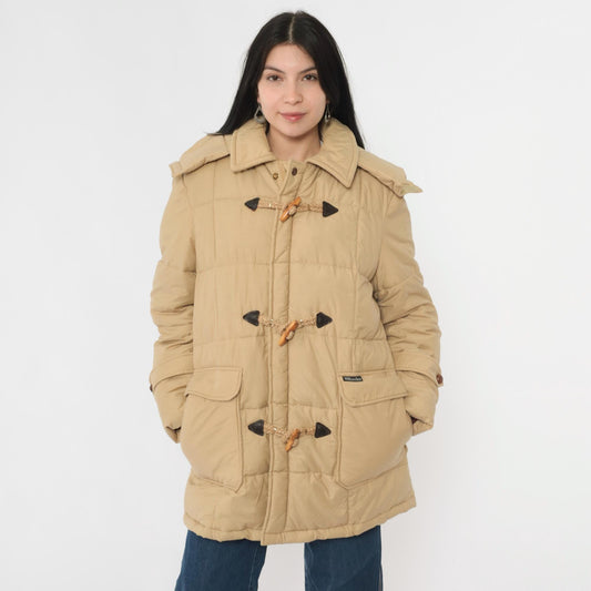 80s Tan Duffle Parka Hooded Toggle Coat Men's Medium
