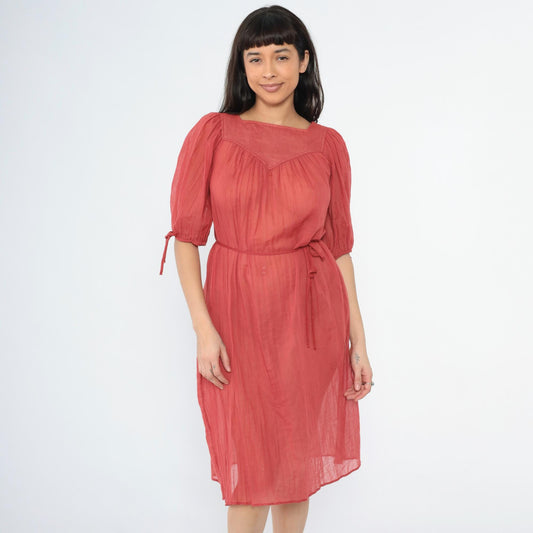 70s Red Cotton Gauze Trapeze Dress Puff Sleeve Midi Small Medium