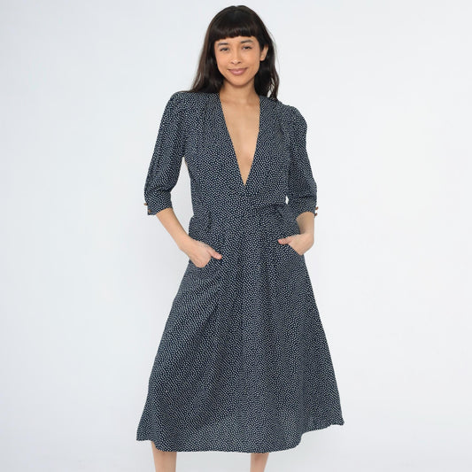 80s Navy Polka Dot Midi Dress Deep V Neck Puff Sleeve Pleated Small