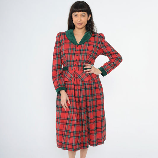 80s Lanz Originals Red Tartan Velvet Trim Peplum Midi Dress Medium 8