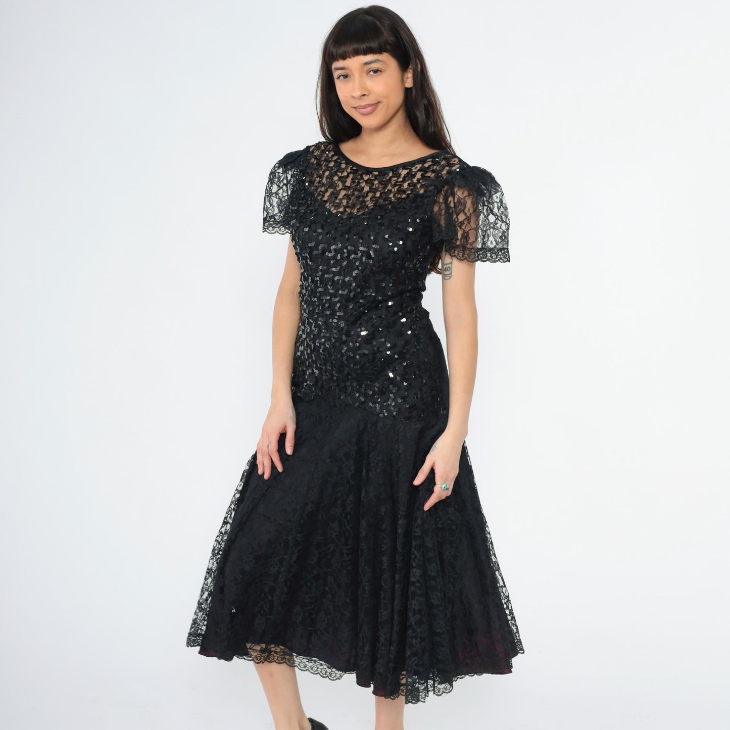 80s Night Moves Black Sequin Lace Midi Dress Puff Sleeve Mermaid Hem Small