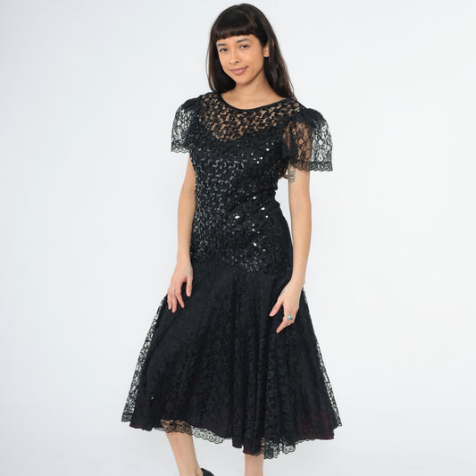 80s Night Moves Black Sequin Lace Midi Dress Puff Sleeve Mermaid Hem Small