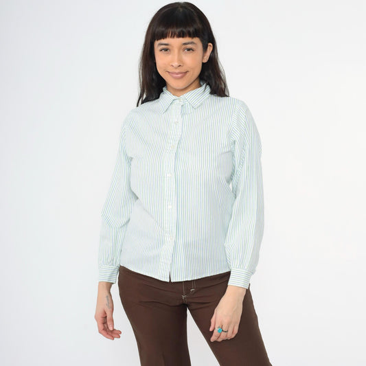 80s Girl Scouts Striped Button-Up Blouse White Blue Green Long Sleeve Small
