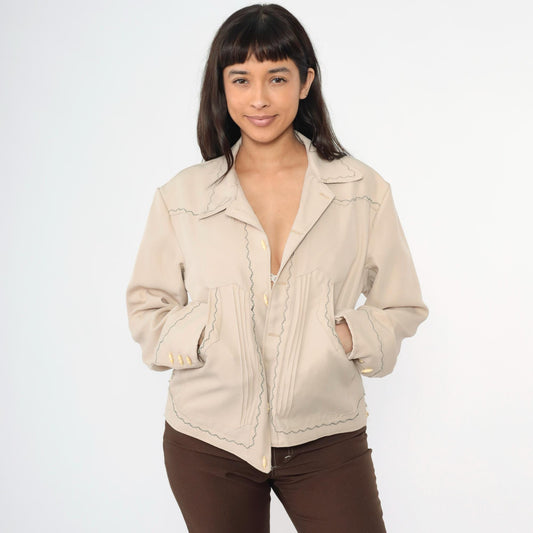70s Western Jacket Beige Embroidered Horse Toggle Button Menswear Large