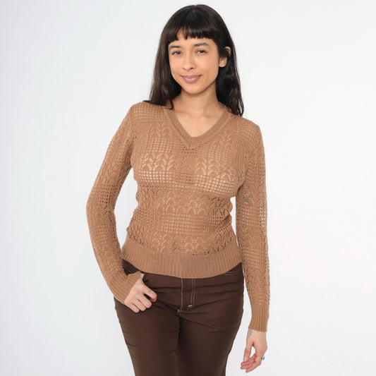 70s Empire Knitwear Sheer Brown Pointelle V-Neck Sweater Long Sleeve Extra Small