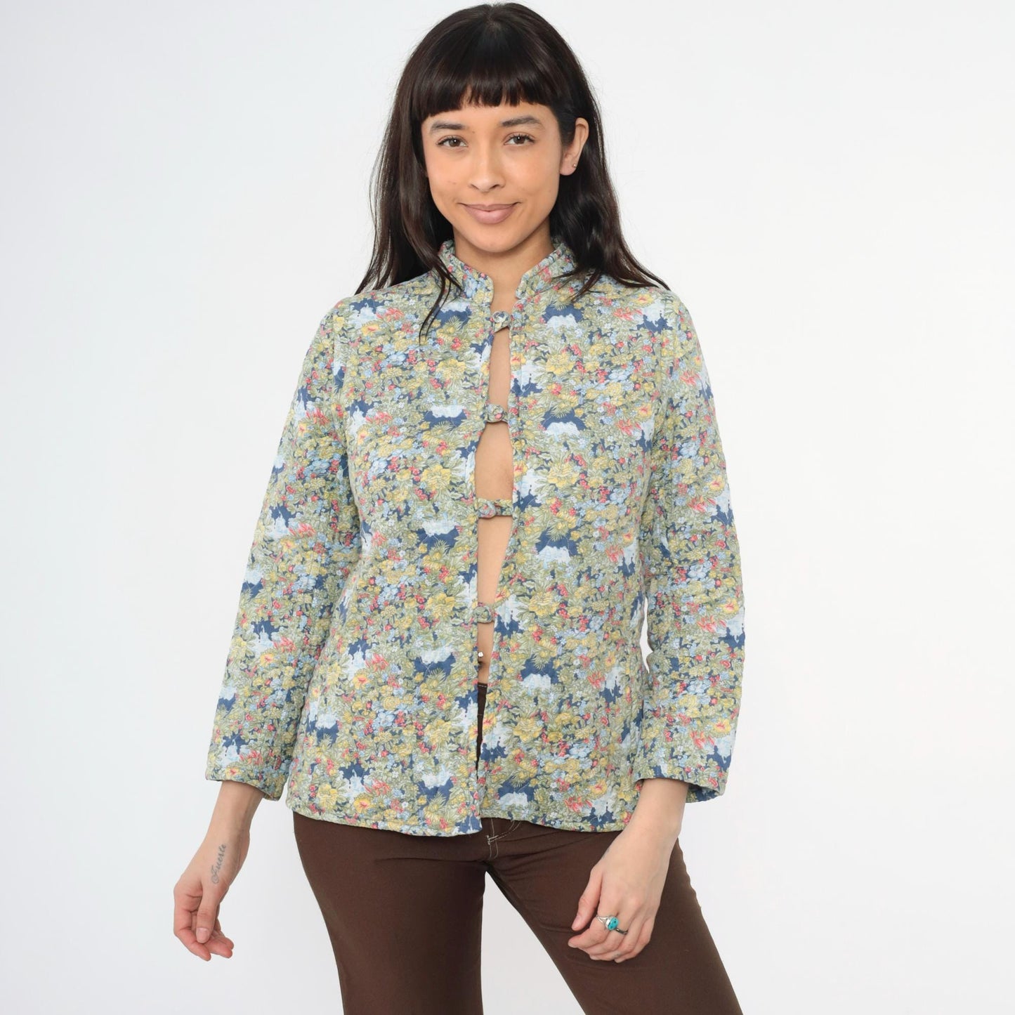 80s Quilted Floral Jacket Mandarin Collar Chinese Knot Buttons Small