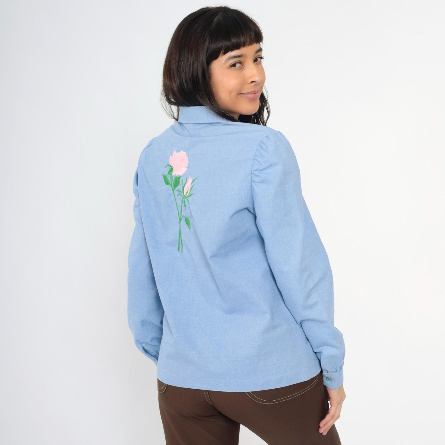 80s Blue Floral Embroidered Blouse Puff Sleeve Button-Up Pink Roses Medium