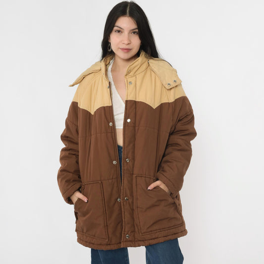 80s Western Puffer Jacket Two Tone Brown Tan Hooded Ski Coat Men's Large L