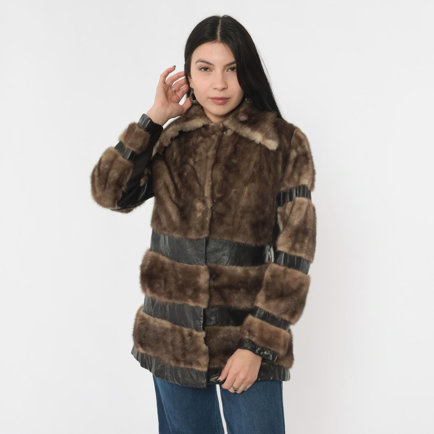 1970s Brown Leather Fur Patchwork Striped Mid-Length Jacket Small S