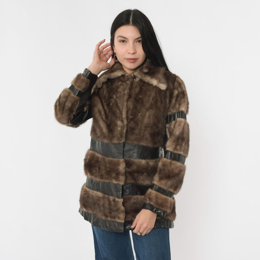 1970s Brown Leather Fur Patchwork Striped Mid-Length Jacket Small S