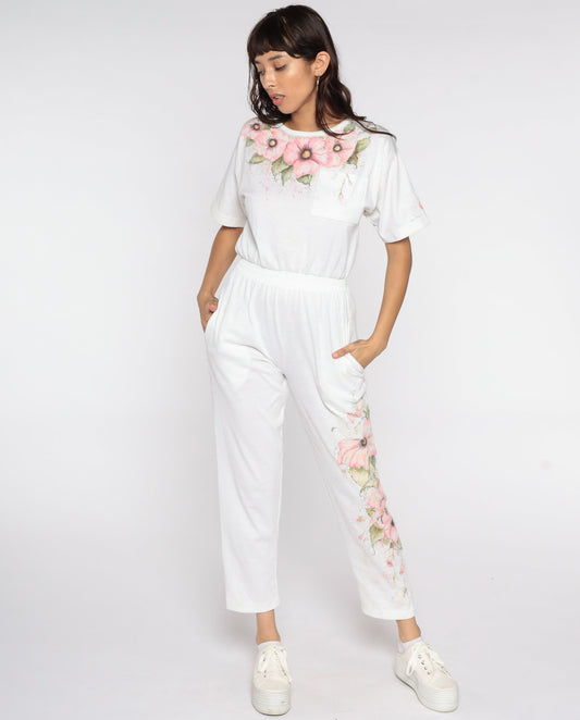 80s Hand Painted Floral Jumpsuit White High Waisted Button Back Short Sleeve Extra Small XS