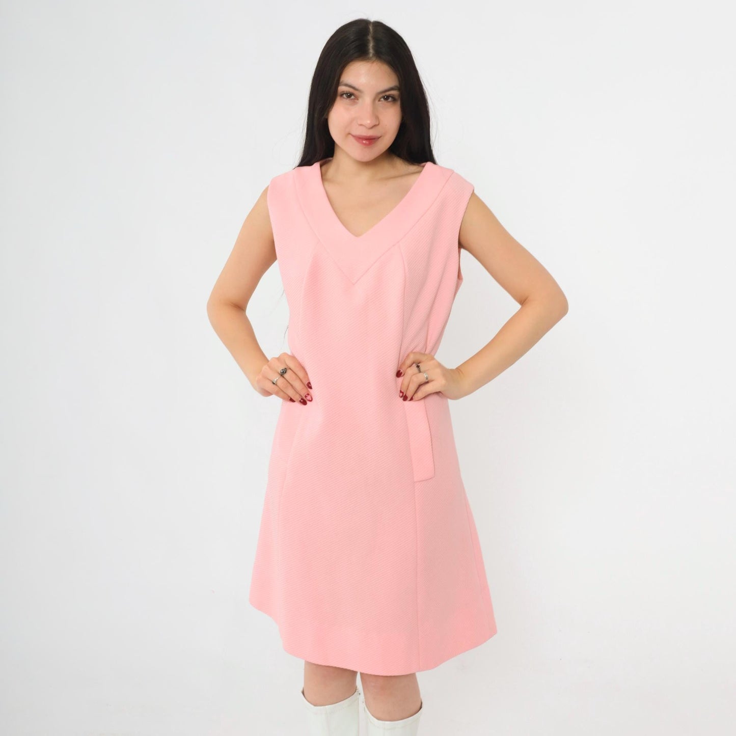 60s Mod Shift Dress Pink Ribbed Knit Sleeveless Mini Medium M