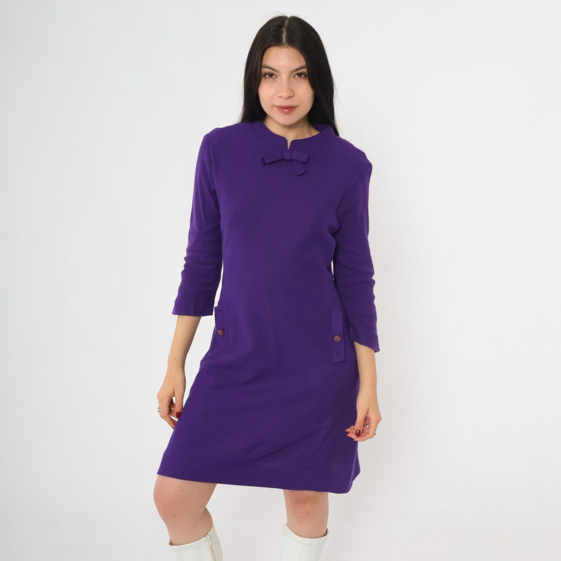 60s Purple Wool Shift Dress Bow Neck Mini 3/4 Sleeve Small