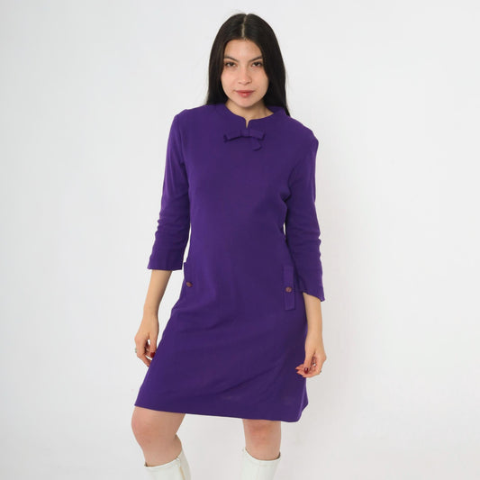 60s Purple Wool Shift Dress Bow Neck Mini 3/4 Sleeve Small