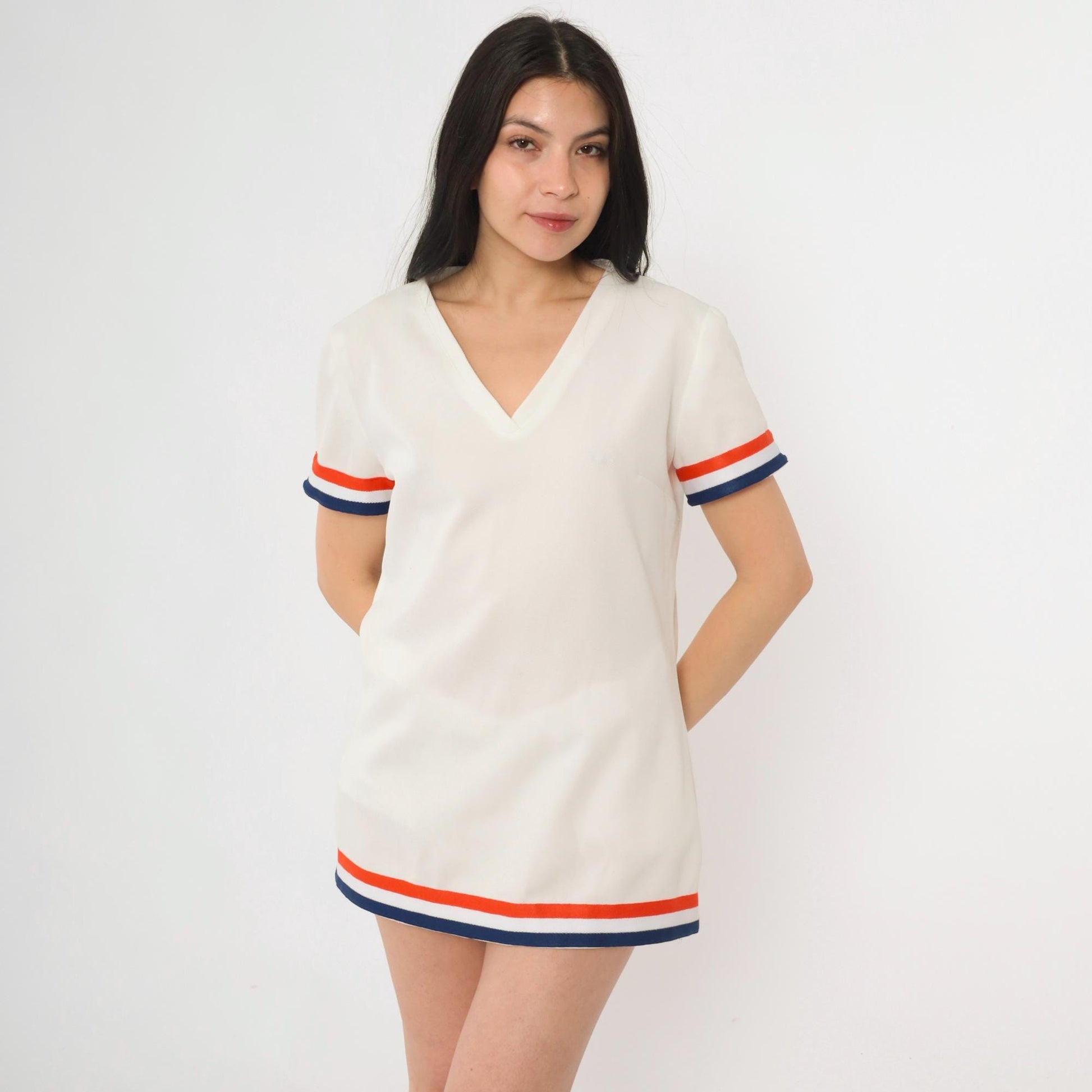 60s Mod Striped Shift Dress White Blue Orange V-Neck Short Sleeve Medium M