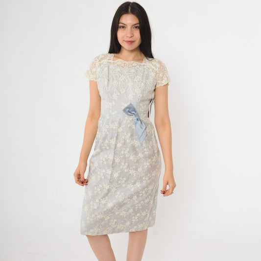1950s Blue Lace Midi Dress Scalloped Cap Sleeve Satin Bow Extra Small XS