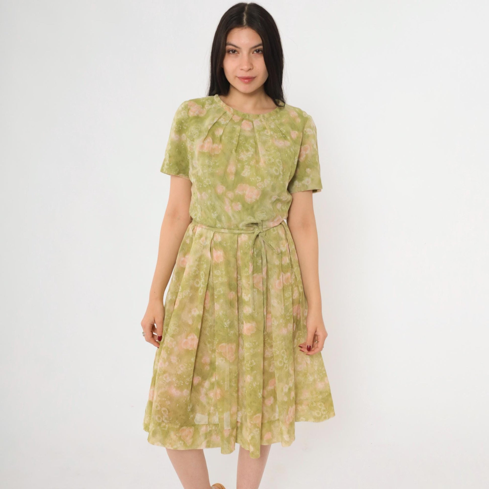 1960s Jean Lang Floral Pleated Day Dress Green Pink Knee-Length Small