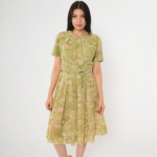 1960s Jean Lang Floral Pleated Day Dress Green Pink Knee-Length Small