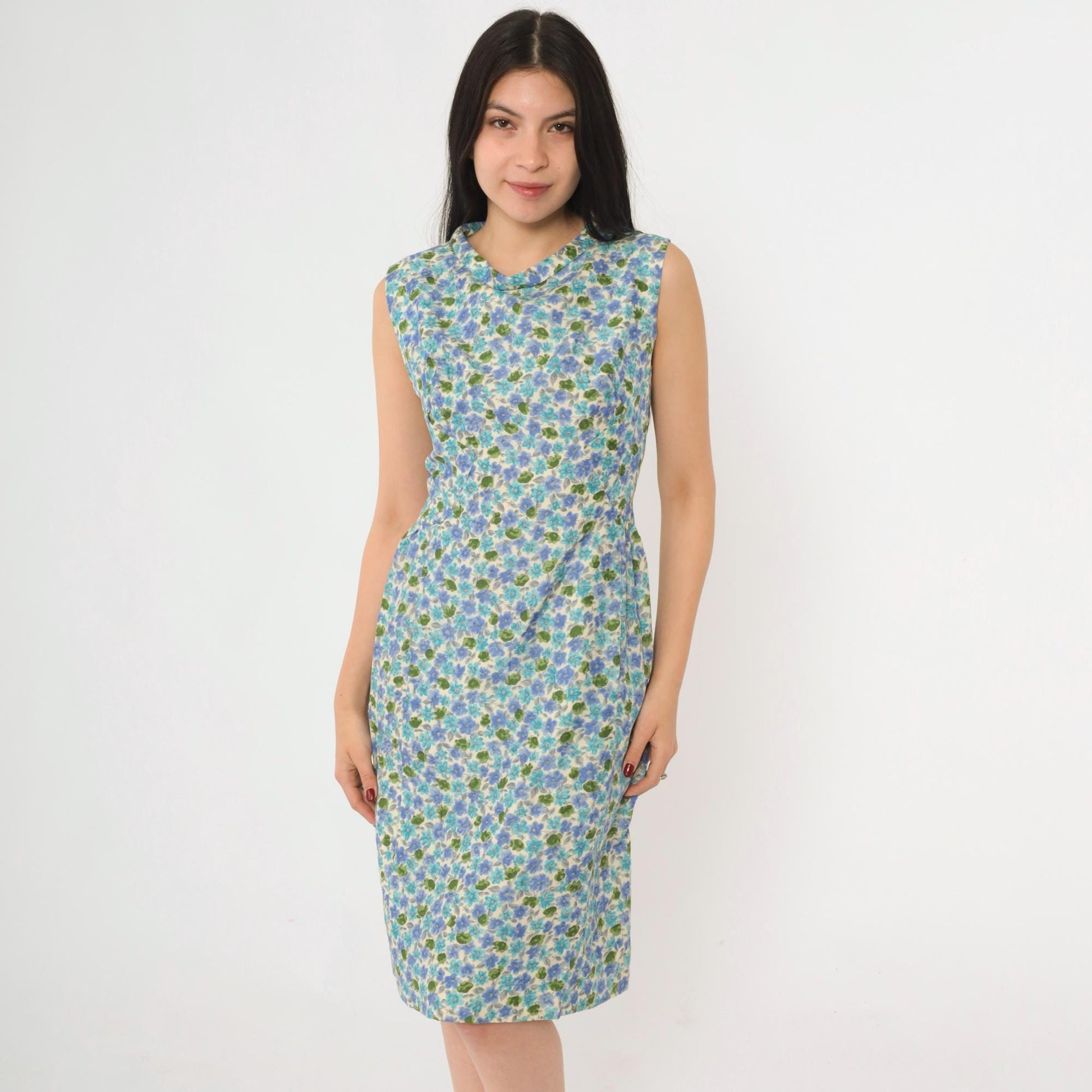 1960s Blue Green Floral Silk Sheath Dress Sleeveless Knee Length Extra Small