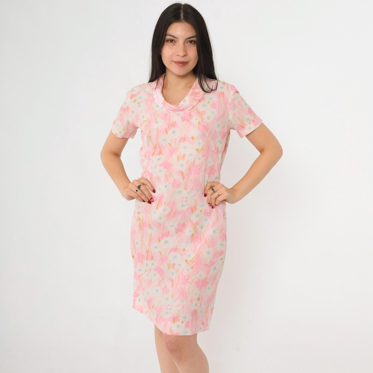 60s Pink Abstract Floral Shift Dress Cowl Neck Short Sleeve Small
