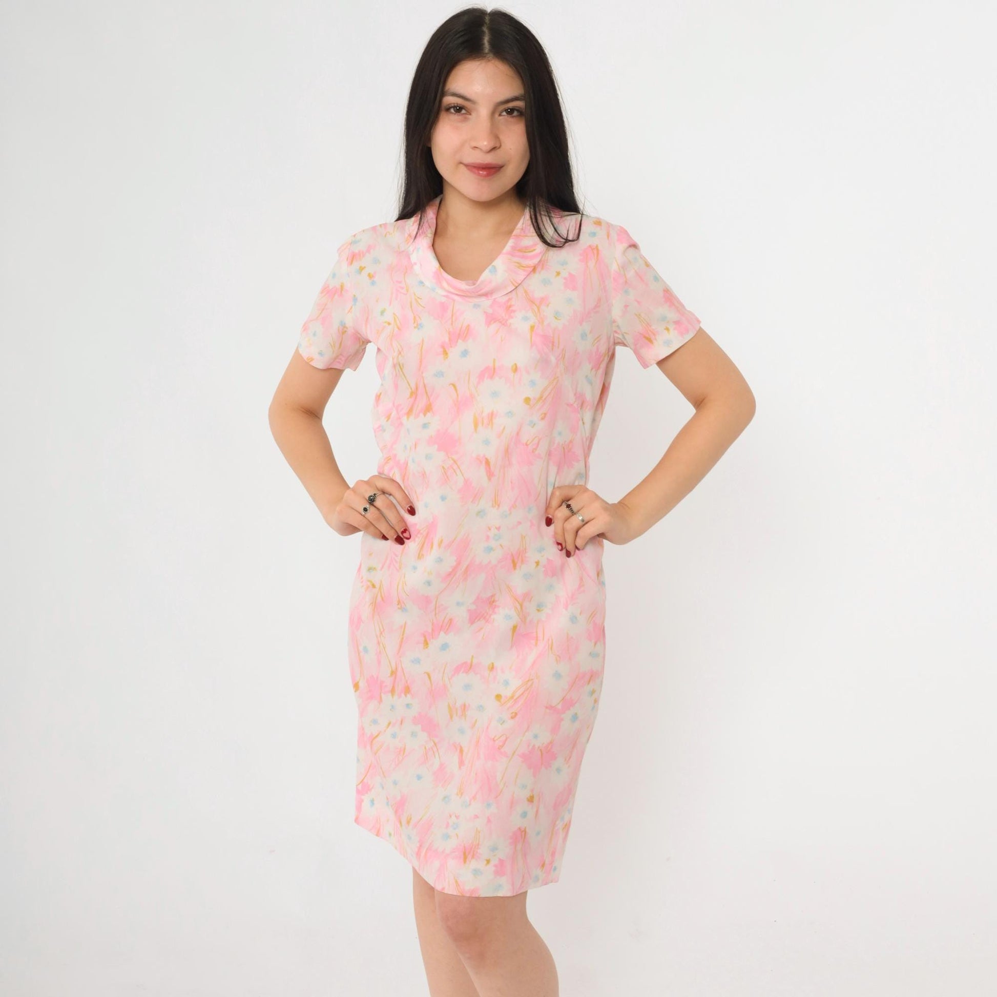 60s Pink Abstract Floral Shift Dress Cowl Neck Short Sleeve Small