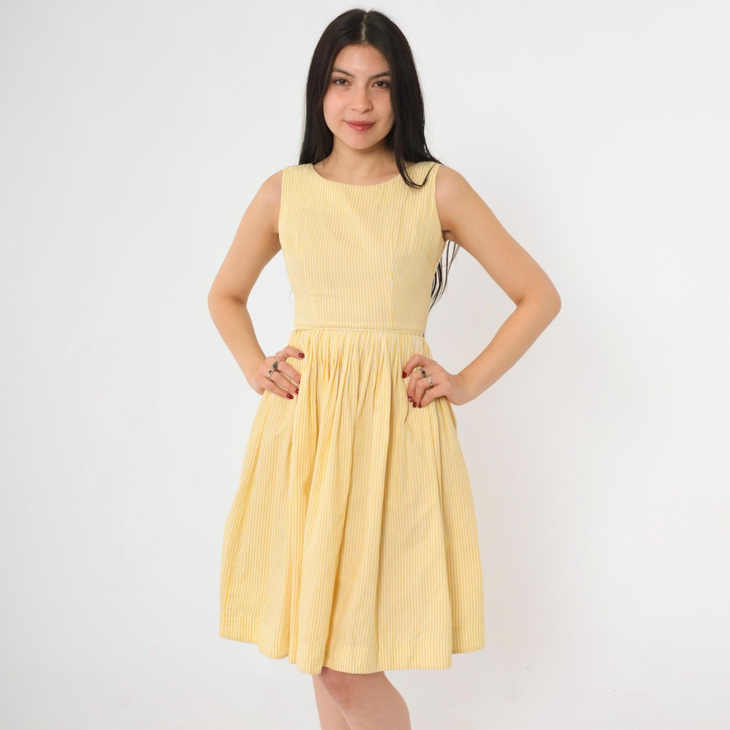 60s Yellow Striped Fit and Flare Mini Dress High Waist Pleated Sleeveless XXS