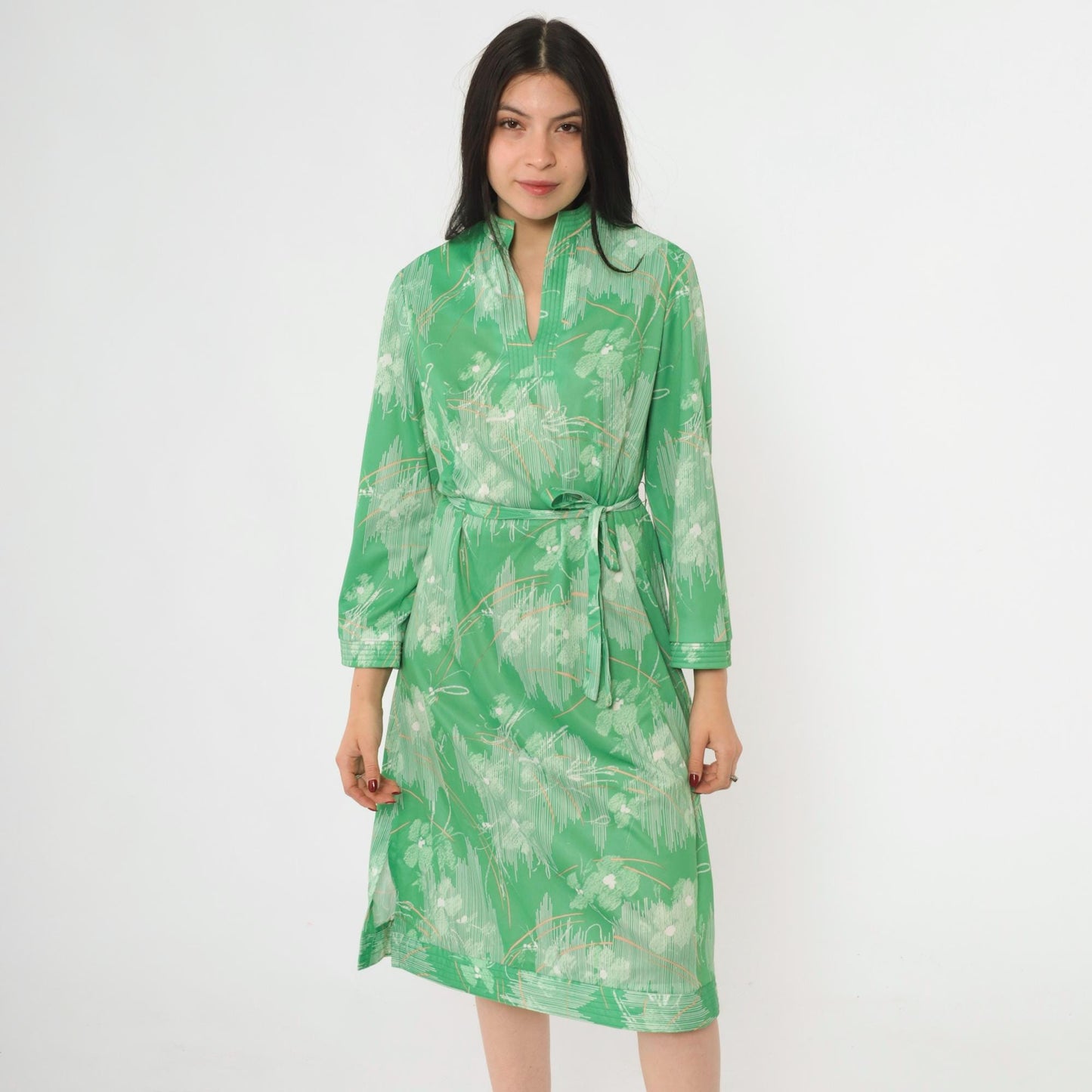 70s Abstract Floral Midi Dress Green Mandarin Collar Side Slit Tie Belt Large