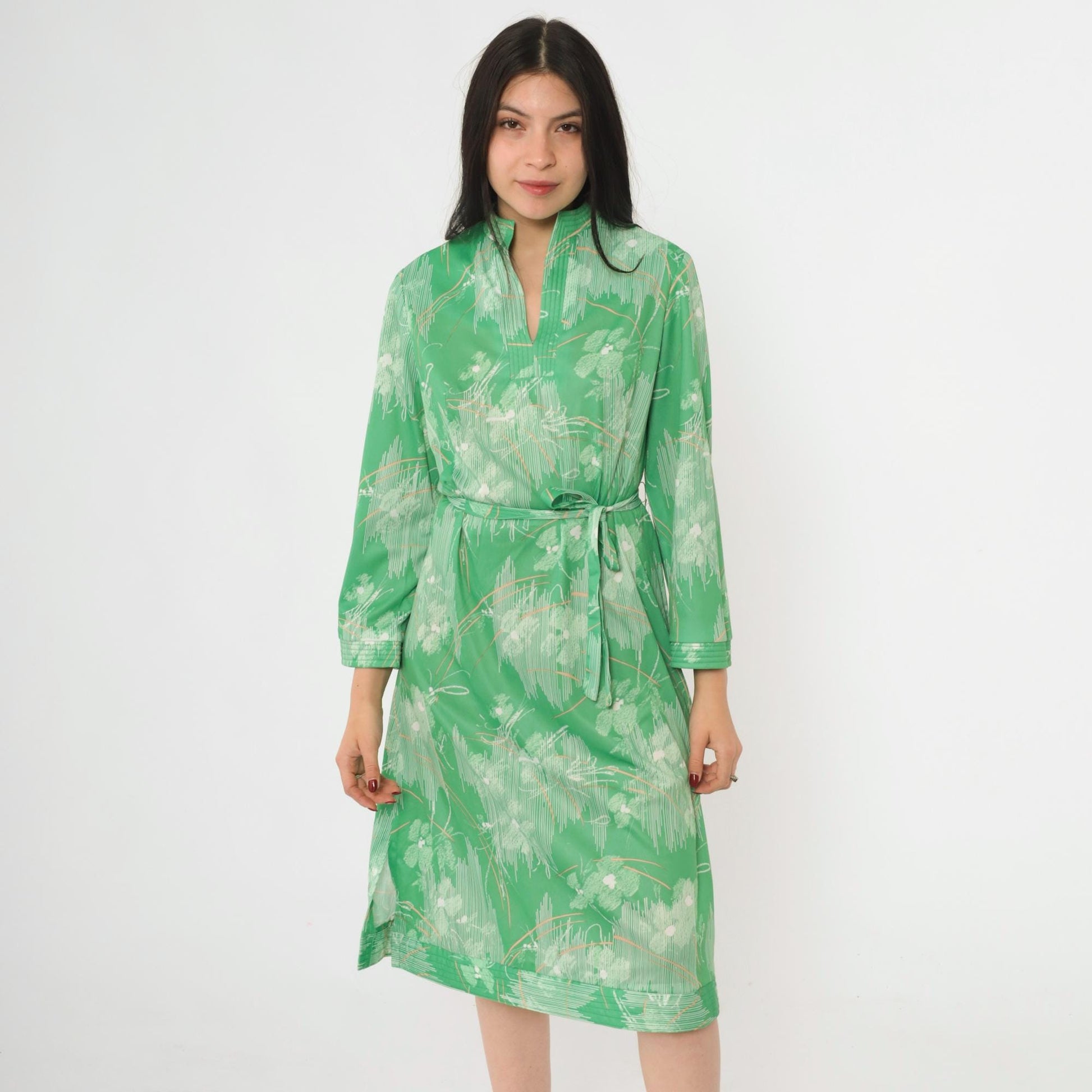 70s Abstract Floral Midi Dress Green Mandarin Collar Side Slit Tie Belt Large