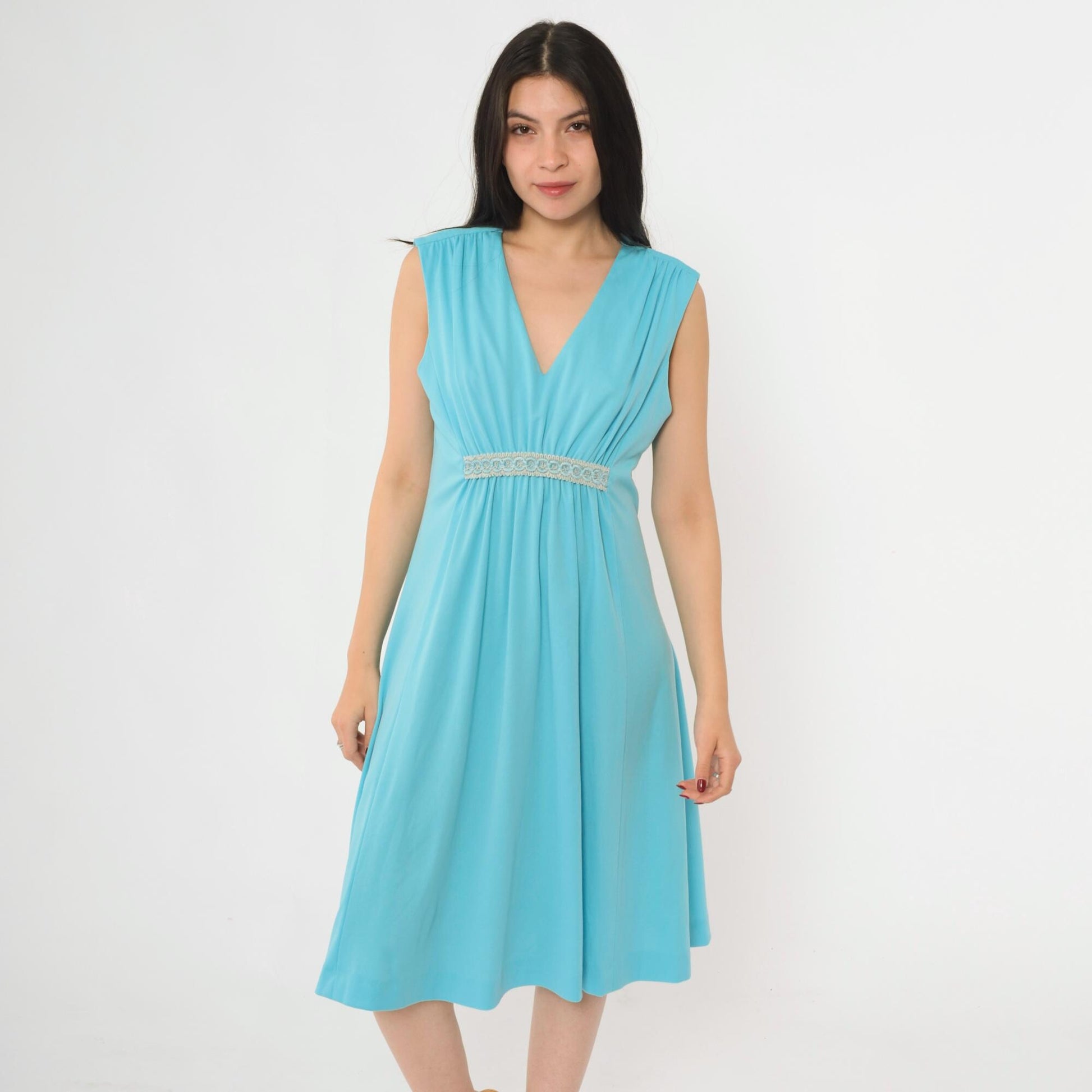70s Blue Grecian Midi Dress Empire Waist Embroidered V Neck Sleeveless Medium