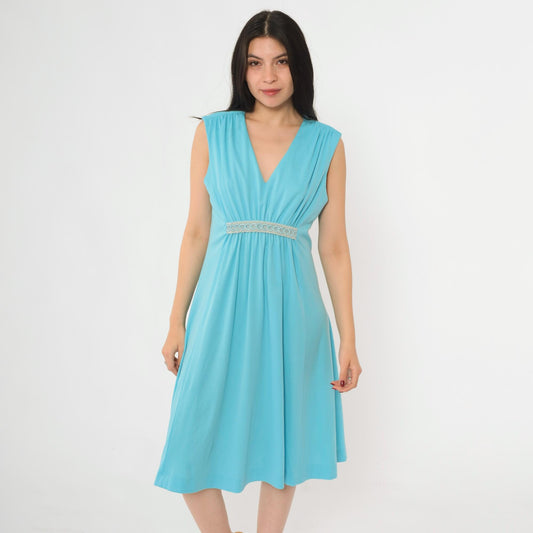 70s Blue Grecian Midi Dress Empire Waist Embroidered V Neck Sleeveless Medium