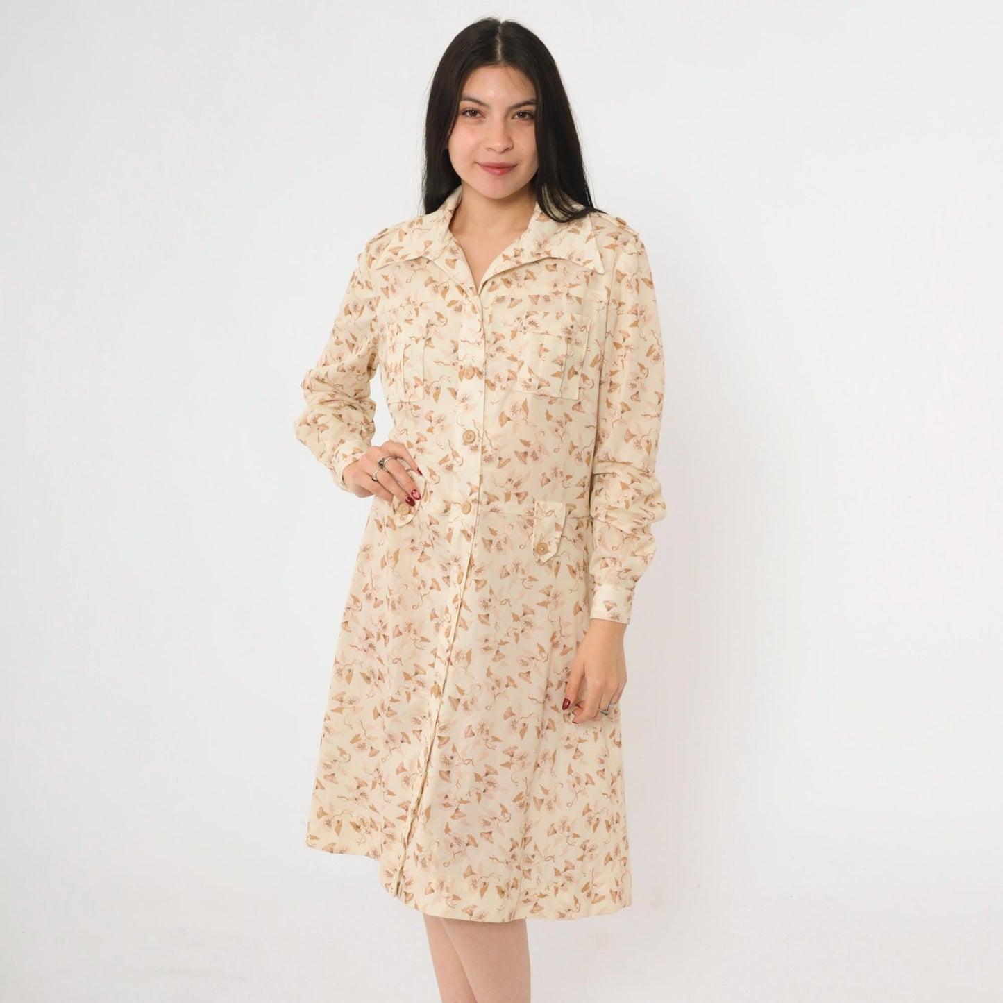 70s Cream Floral Midi Dress Button Up Long Sleeve Dagger Collar Fitted Waist Large