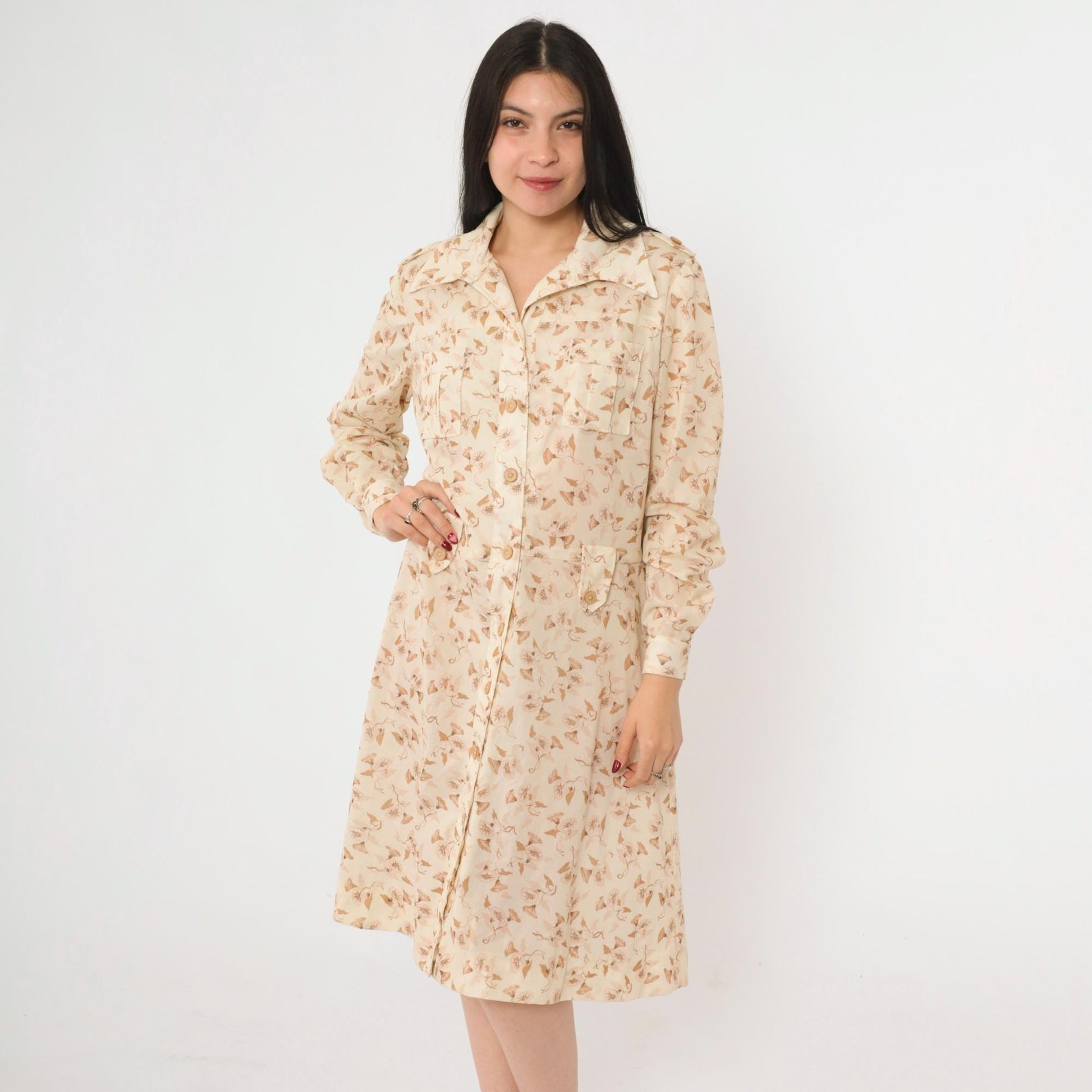 70s Cream Floral Midi Dress Button Up Long Sleeve Dagger Collar Fitted Waist Large