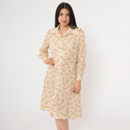 70s Cream Floral Midi Dress Button Up Long Sleeve Dagger Collar Fitted Waist Large