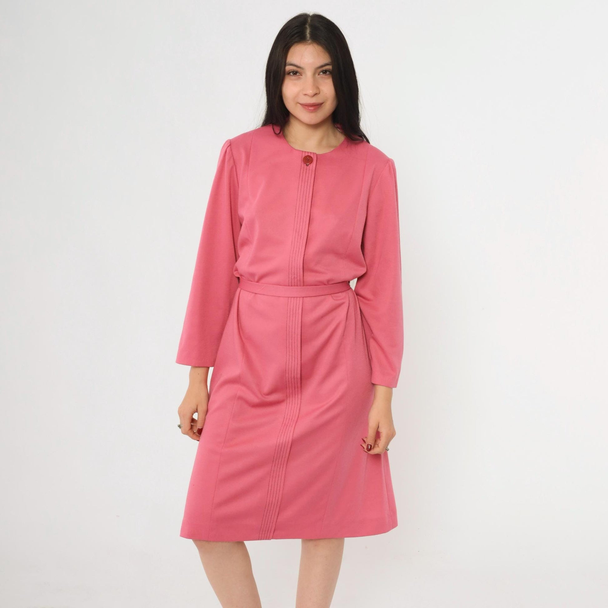 70s Pink Button-Up Shirtdress A-Line Midi Puff Sleeve Tie Belt Large