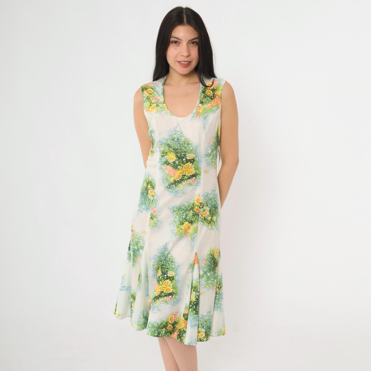 70s White Floral Print Sleeveless Dress Green Yellow Midi A-Line Medium 8