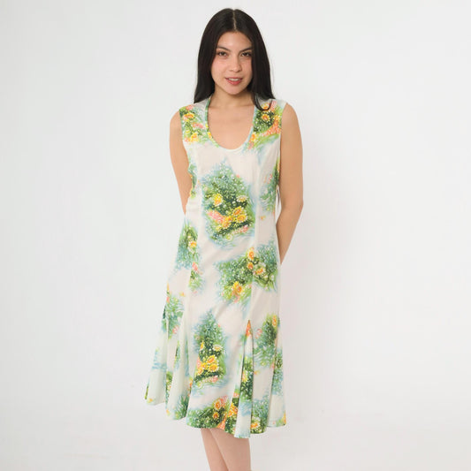 70s White Floral Print Sleeveless Dress Green Yellow Midi A-Line Medium 8