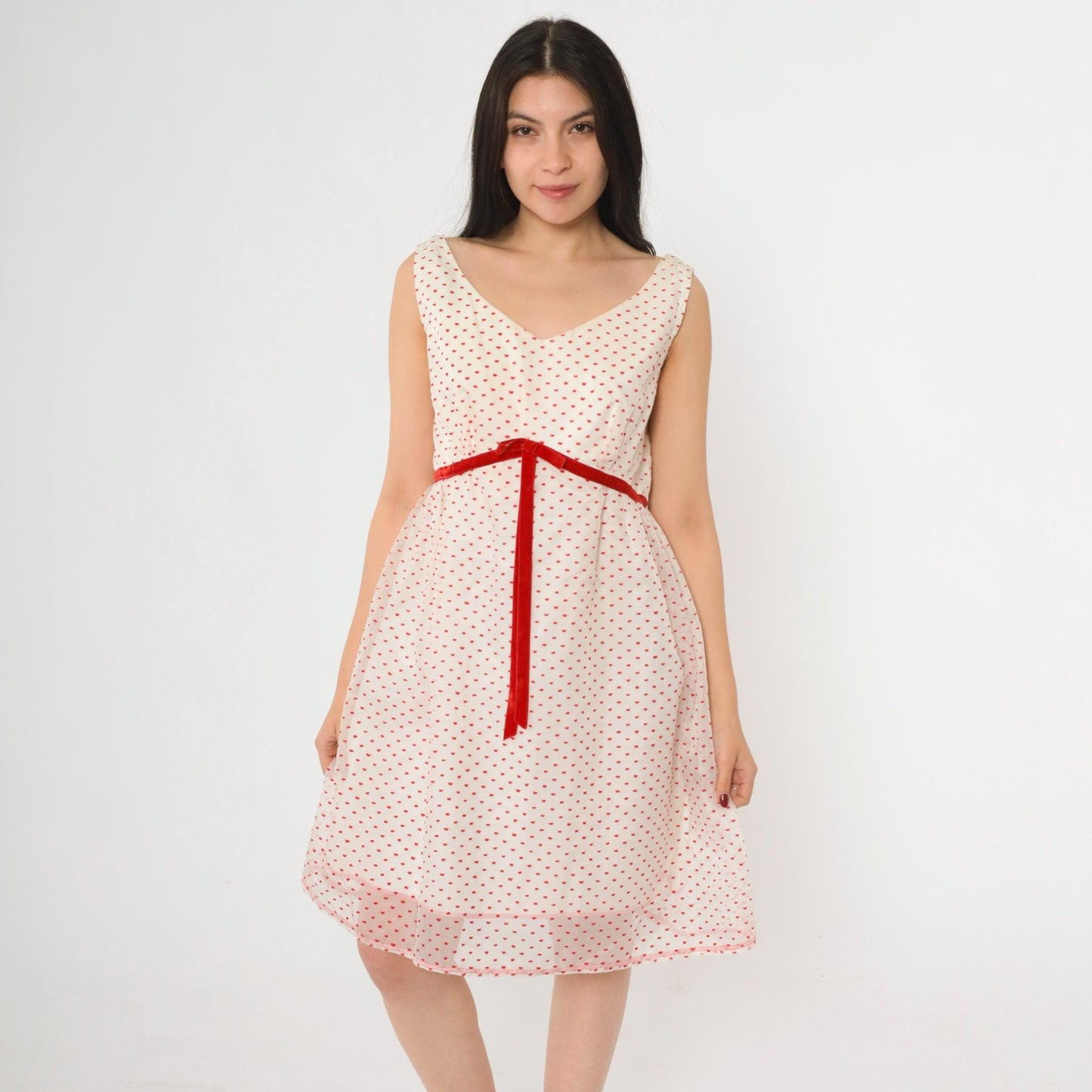 60s White Party Dress Flocked Crown Dot Print Red Velvet Bow Empire Waist Mini Medium