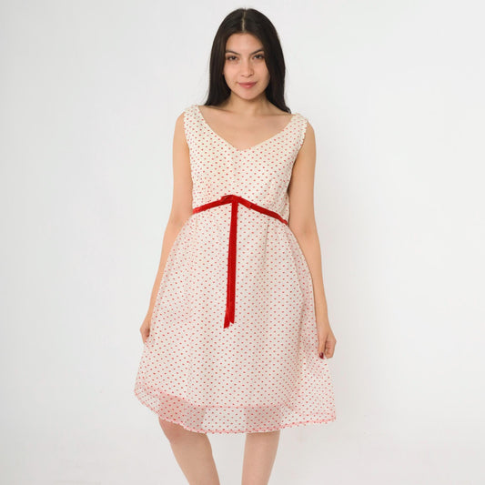 60s White Party Dress Flocked Crown Dot Print Red Velvet Bow Empire Waist Mini Medium