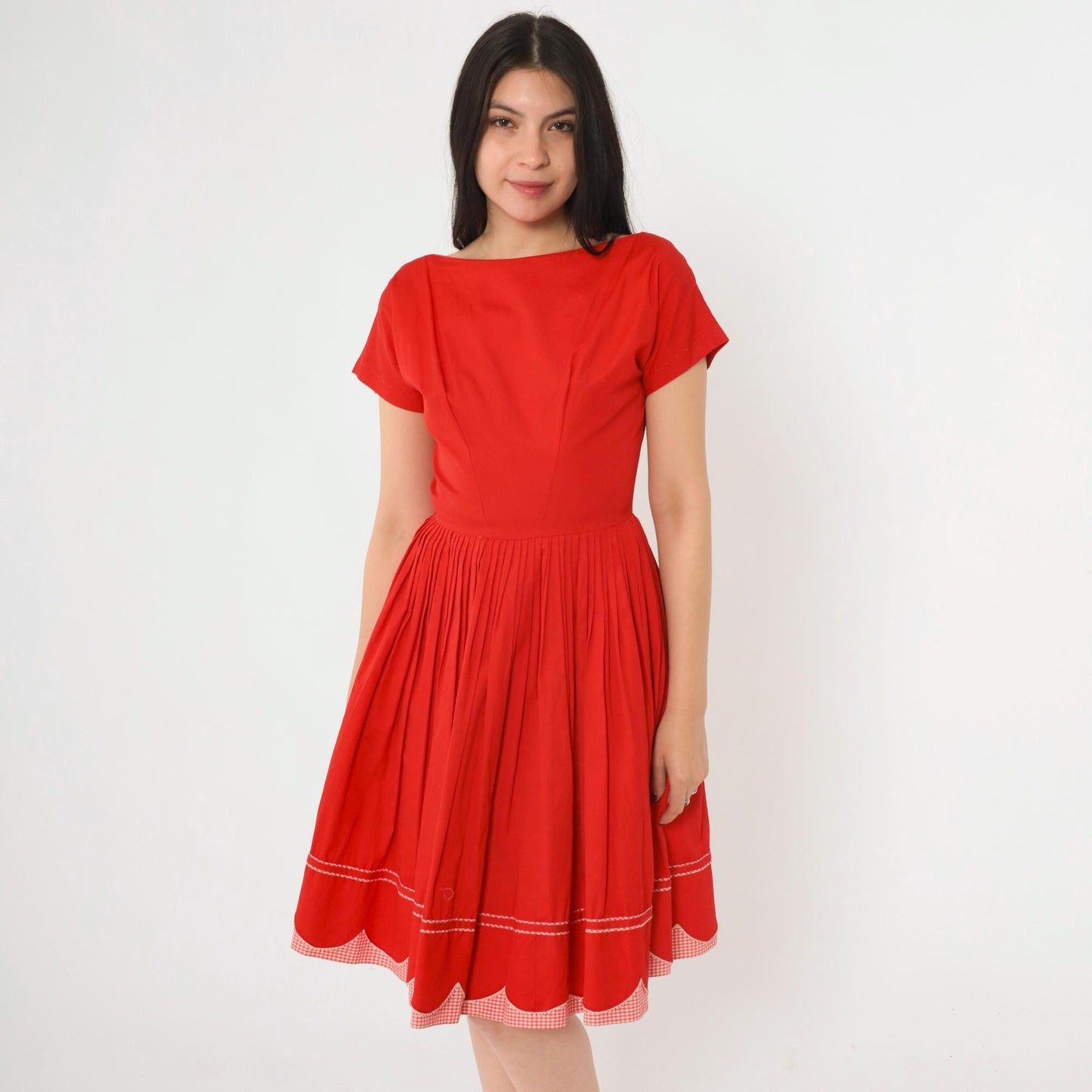 60s Red Pleated Dress Gingham Trim Boatneck Short Sleeve Knee Length Extra Small