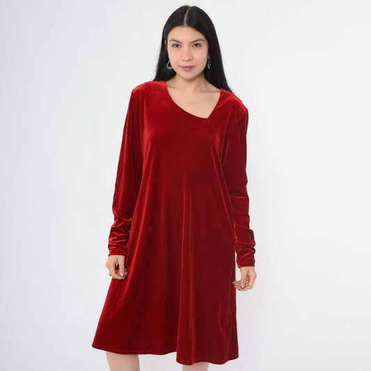 90s Red Velvet Shift Dress Asymmetrical Neckline Long Sleeve Knee Length Medium
