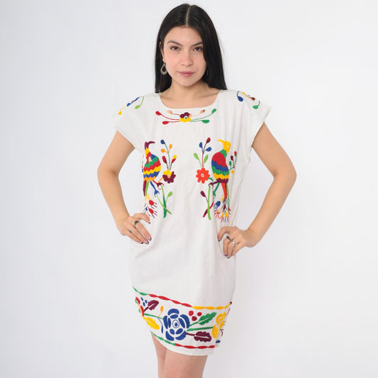 90s Mexican Embroidered Peacock Floral Mini Dress White Cotton Tunic Medium M