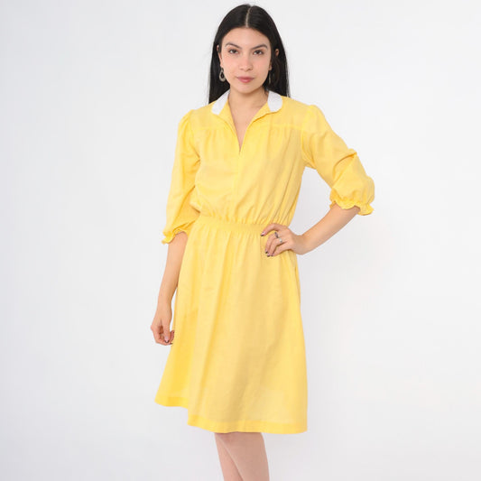 70s Yellow Puff Sleeve Midi Dress White Collar Smocked Waist Small S