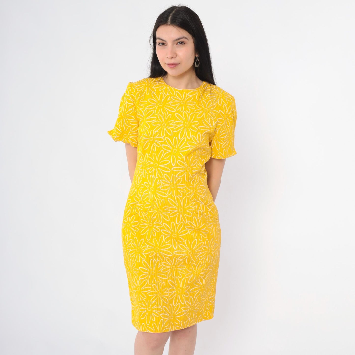 90s Yellow Floral Cotton Sheath Dress Short Sleeve Mini Small 6