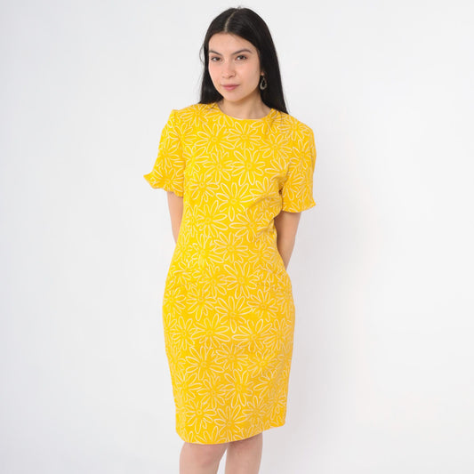 90s Yellow Floral Cotton Sheath Dress Short Sleeve Mini Small 6