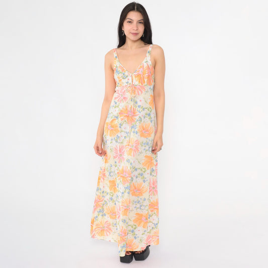 70s Floral Nightgown Maxi Slip Dress White Plunge Neckline Extra Small