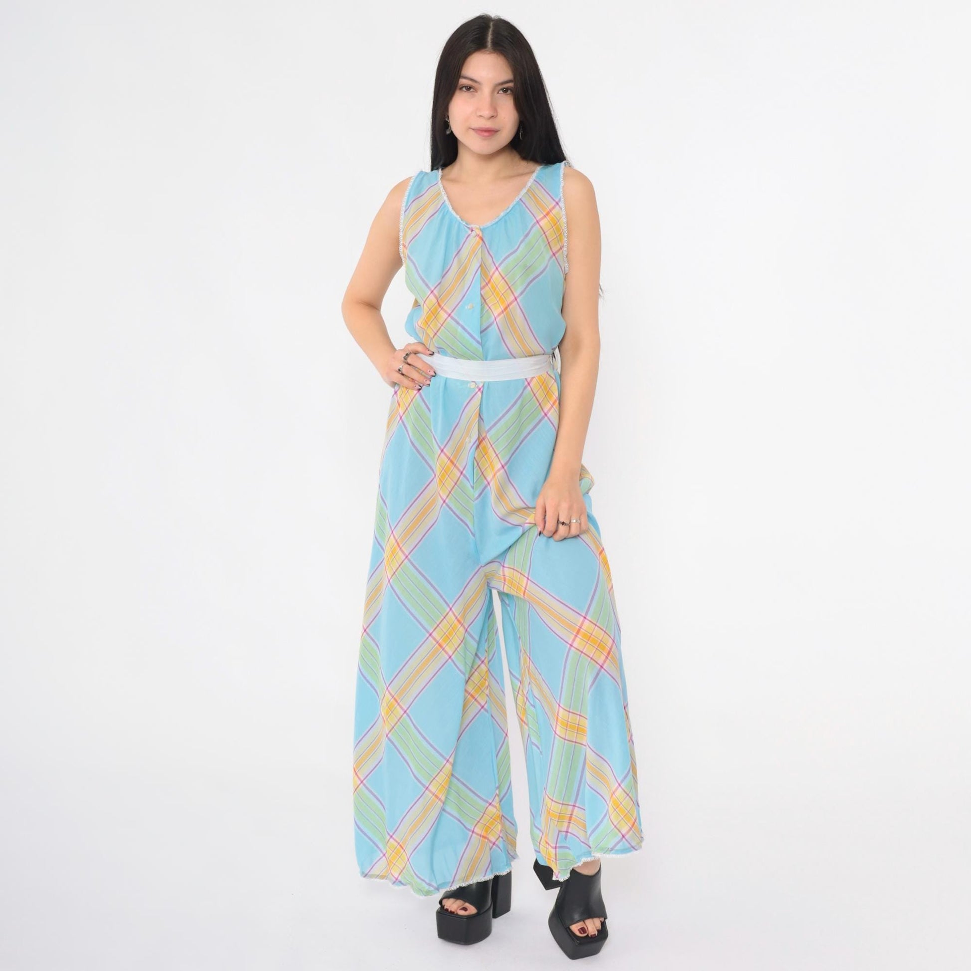 70s Light Blue Plaid Palazzo Jumpsuit Scoop Neck High Waist Medium M