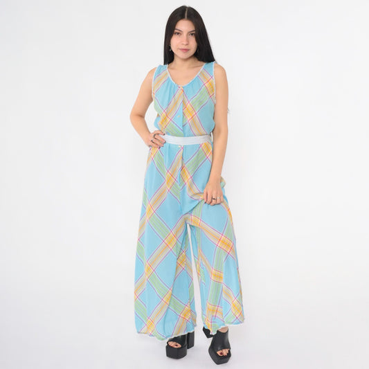 70s Light Blue Plaid Palazzo Jumpsuit Scoop Neck High Waist Medium M