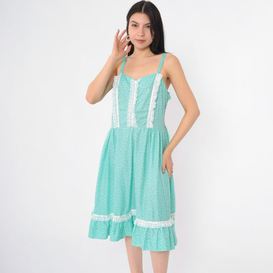 80s Green Floral Prairie Dress Sweetheart Neckline Smocked Midi Large