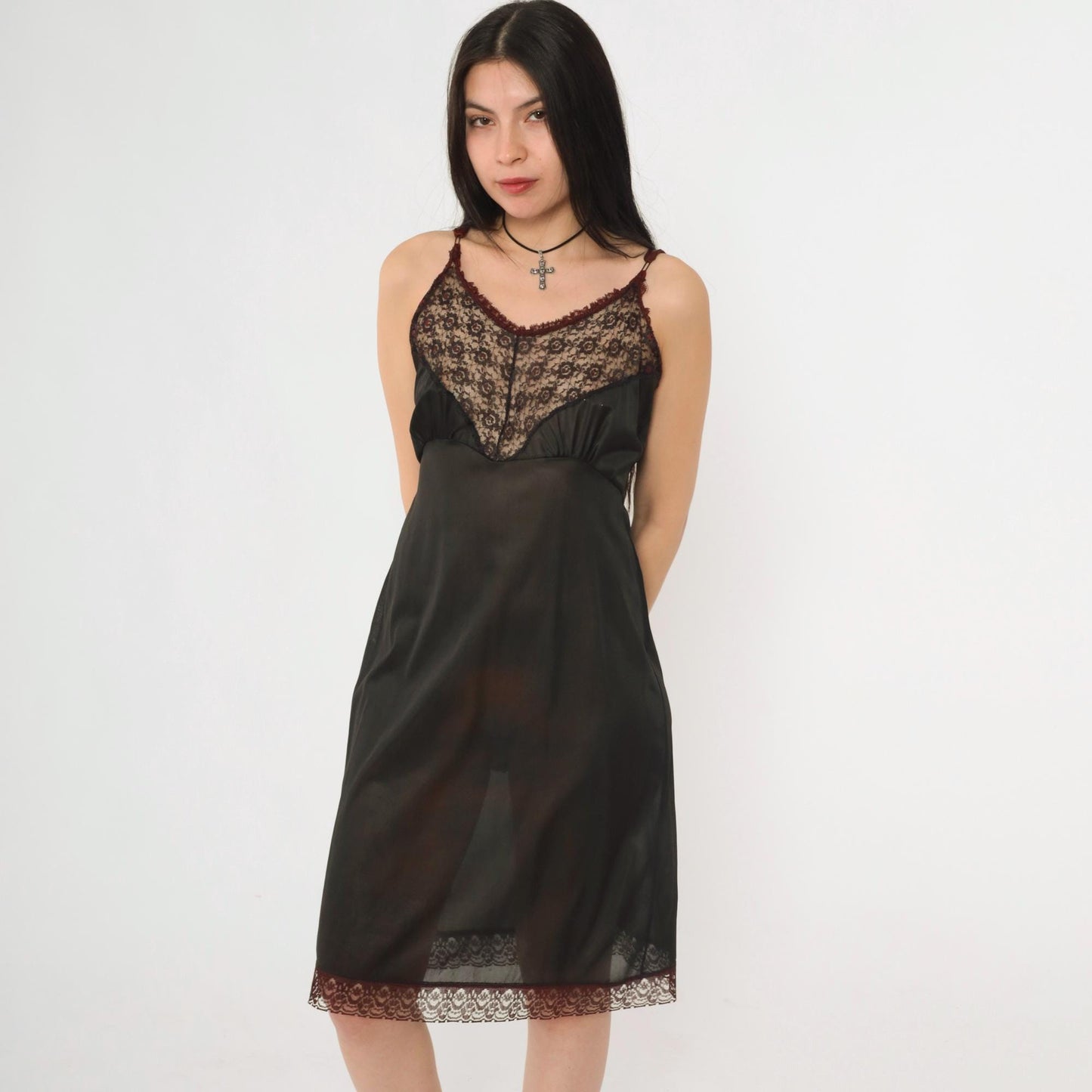 1960s Black Lace Slip Dress Empire Waist Spaghetti Strap Sheer Medium
